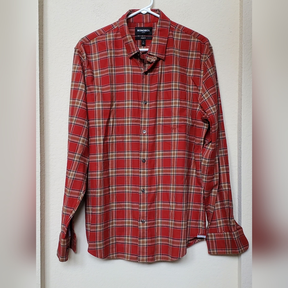Bonobos Red and Tan Plaid Casual Standard Fit Shirt. Size Large